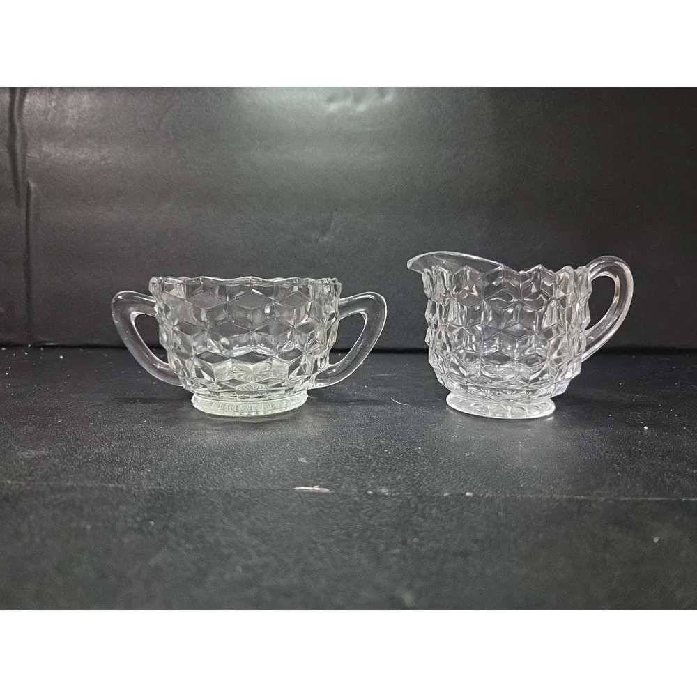 Fostoria American Cubist Creamer‎ and Sugar Set, Clear Glass Vintage Glassware
